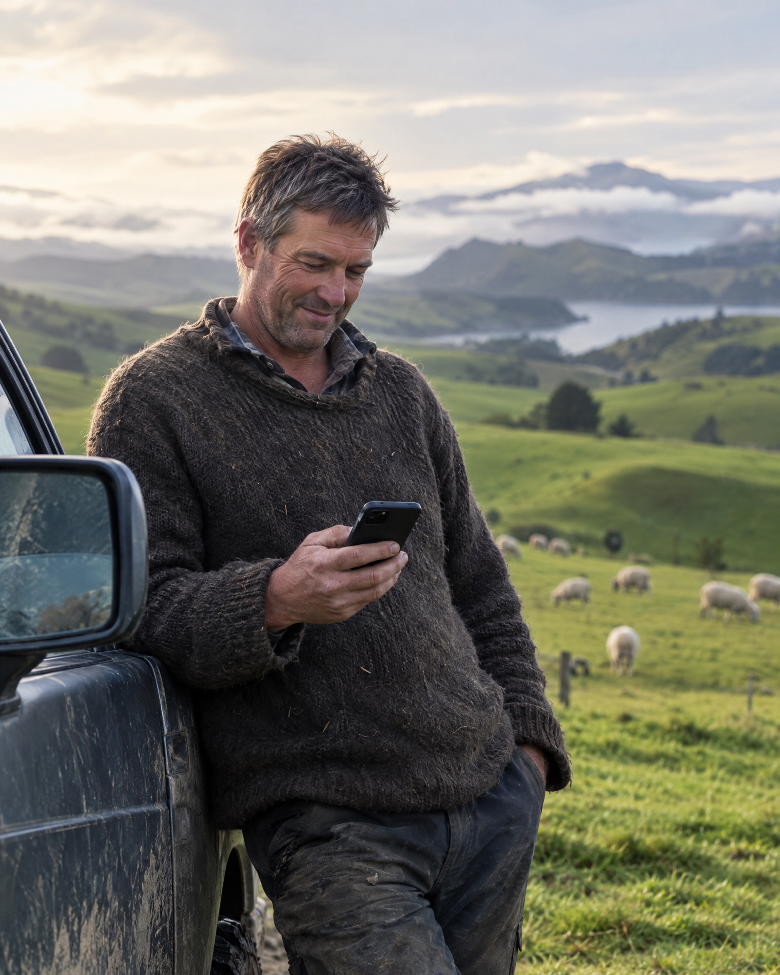 A farmer checking his phone beside his ute